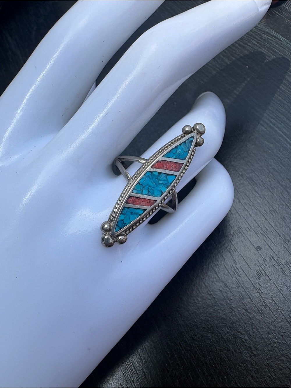 Native American Inspired Silver Ring with Turquoise & Coral Inlay - Size 7.5